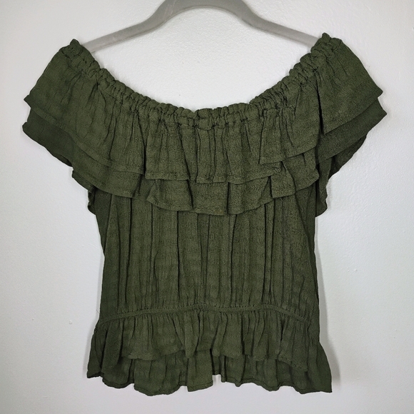 Express Milkmaid Top Womens XS Olive Green Babydoll Peasant Bohemian Ruffles - Picture 2 of 8